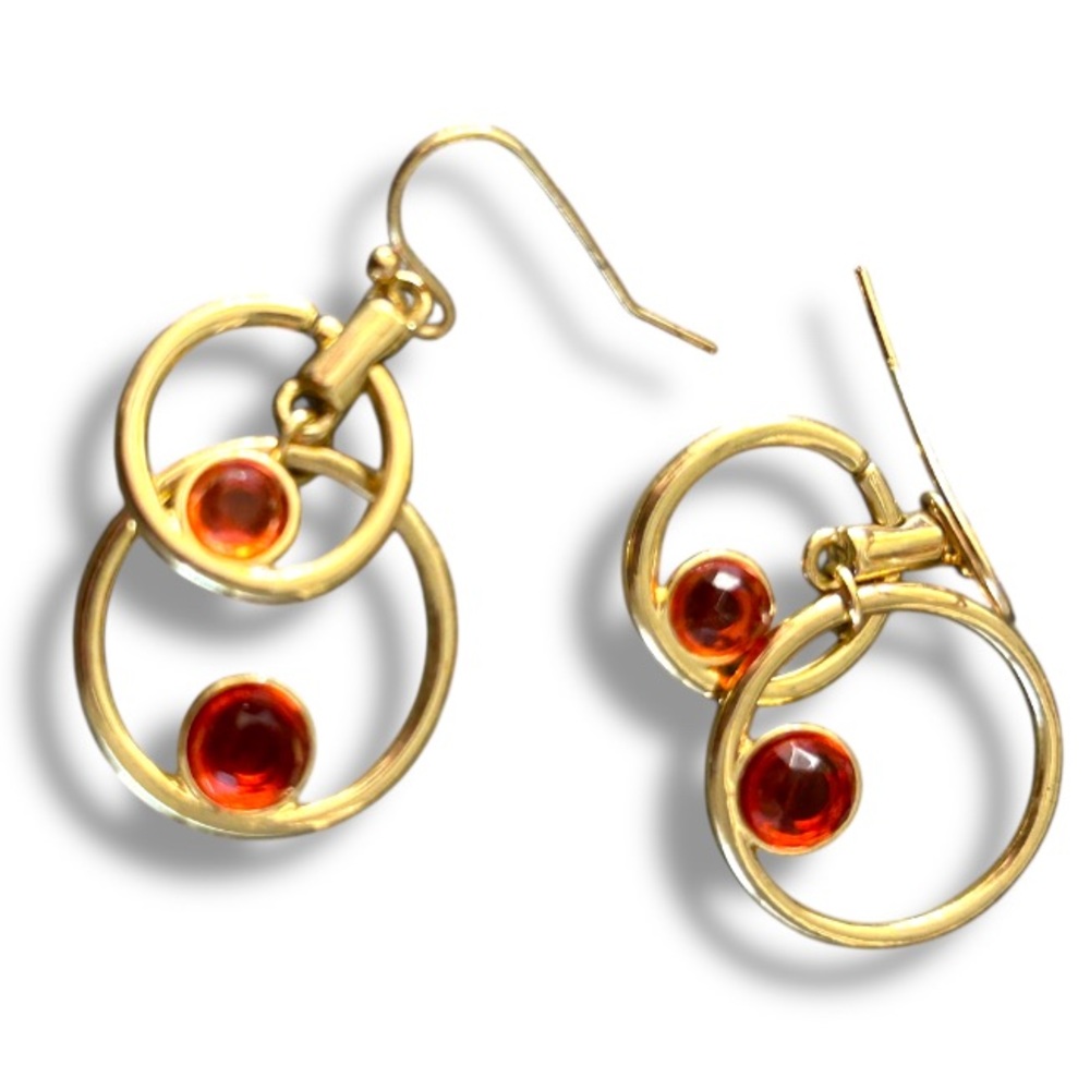 Gorgeous Vibrant Gold Double Hoop Brilliant Earrings Red / Bright Orange Stones